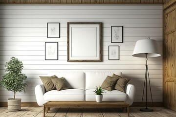 White photo frame next to sofa with wooden wall and floor. living room design. frame draft. moderate lighting teen hipster interior design. Generative AI