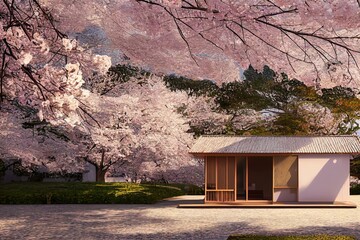 A small cute japanese house under the blossoming sakura tree, reference model, ai generated. Generative AI - obrazy, fototapety, plakaty