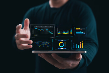 Businessman analyzing company growth, future business growth arrow graph, development to achieve...