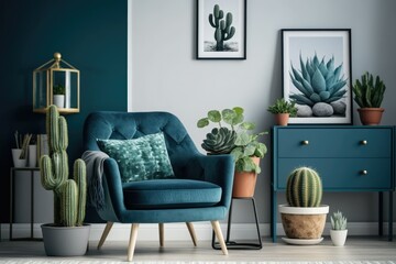 A fashionable blue and navy toilet, cacti in a lastrico pot, a design recliner with a pillow, a cube, and elegant personal accessories complete the interior design of this retro-modern living room