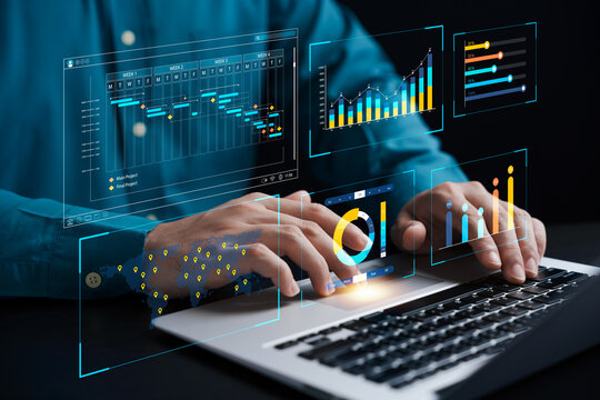 businessman analyzing business Enterprise data management, business analytics with charts, metrics and KPIs to improve organizational performance, marketing, financial organization strategy.