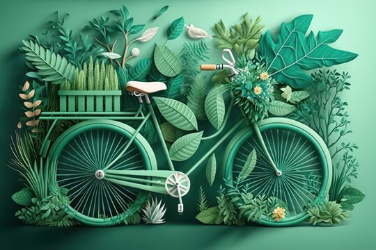 Eco-friendly light green decorated with plants and green bike (Generative AI)