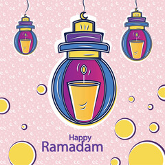 Happy ramadam kareem poster with lightbulbs and candle sketches Vector