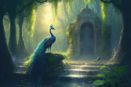 Generative AI illustration of a tropical fantasy landscape with a peacock.