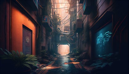 3D rendered computer generated image of a futuristic neo cyberpunk urban alleyway. Bright blue light in empty alley with no people. Inner city buildings and modern architecture look and feel