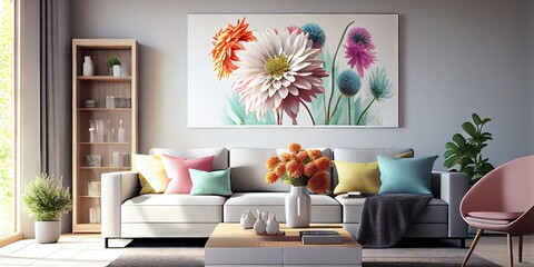 Pastel-colored modern living room with spring floral designs throughout for the spring season