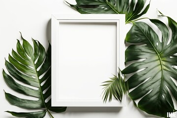 White frames with tropical palm leaves. Copy space minimalist flat lay. Generative AI