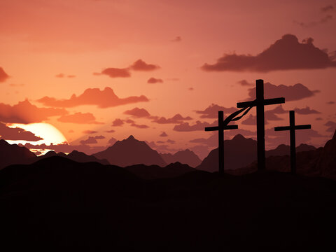 Three crosses on sacred jerusalem mountain at sunset, easter concept for resurrection of jesus christ. Sacred symbolic crucifix during sunrise, holy sacrifice on meadow. 3d render