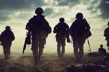 Soldiers on walking on the battefield, Generative AI