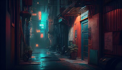 3D rendered computer generated image of a futuristic neo cyberpunk urban alleyway. Bright blue light in empty alley with no people. Inner city buildings and modern architecture look and feel - obrazy, fototapety, plakaty