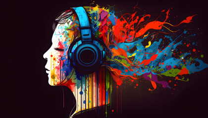 Melodic Abstraction": A Colorfully Clad Girl Dons Headphones for Musical Inspiration  - AI Generative