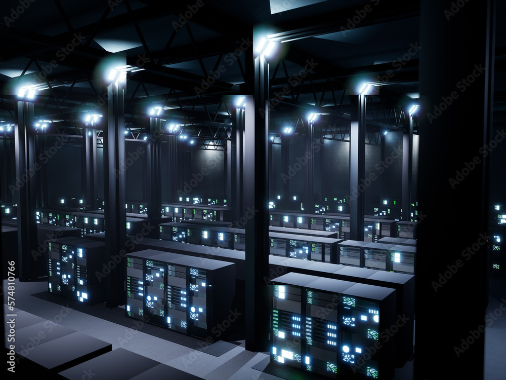 Poster modern data center filled with racks and cabinets, new cyber security network in server room. profes