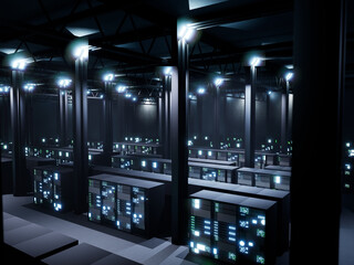 Modern data center filled with racks and cabinets, new cyber security network in server room. Professional mainframe and computer processor with lights in digital render farm space.