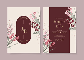 Minimalist wedding invitation template set with burgundy floral and leaves decoration
