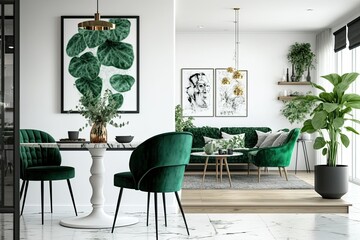 Open-plan living and dining area with emerald armchair and table. Generative AI