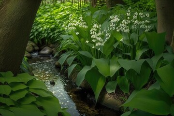 Fototapeta na wymiar Lily of the Valley, Beautiful flowers, A tranquil garden with a babbling brook, Calm and peaceful, Serene and relaxing, Soft, natural light that filters through the trees