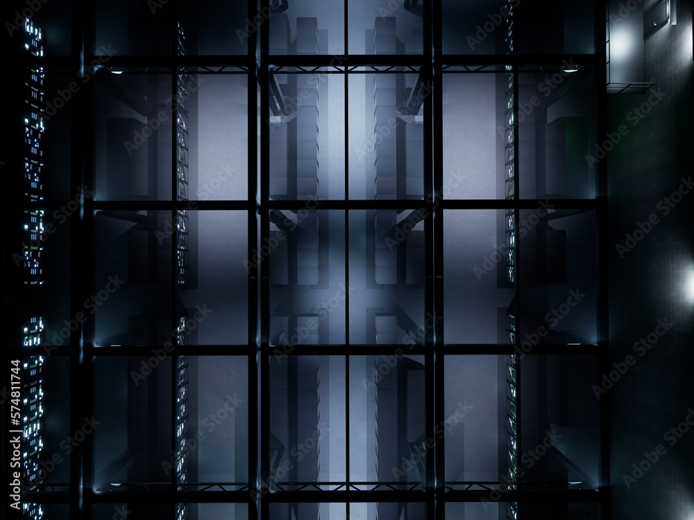 Poster aerial view of modern server room with cabinets, supercomputer mainframe space used for cloud comput