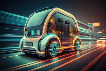 iot concept of smart car, autonomous self driving mode vehicle on metro city road with graphic sensor radar signal system and internet sensor link. Generative AI