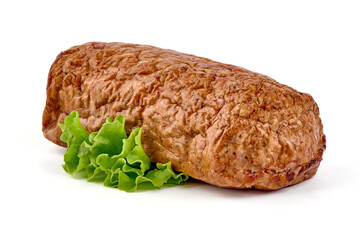 Baked meatloaf, minced meat roll, isolated on white background.