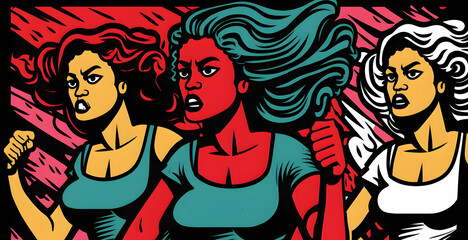 Naklejka na ściany i meble United and Standing Strong, Vector Illustration of the Feminist March on International Women's Day