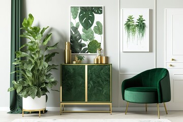 Interior of living room with live plants, green cabinet, and gold mockup frame hanging on the wall. Generative AI
