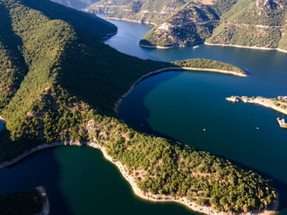 Aerial summer view of Vacha Reservoir, Bulgaria