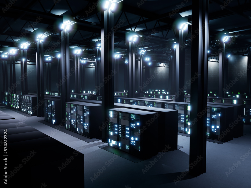 Poster data center space with multiple rows of server racks, digital supercomputer technology. modern high 