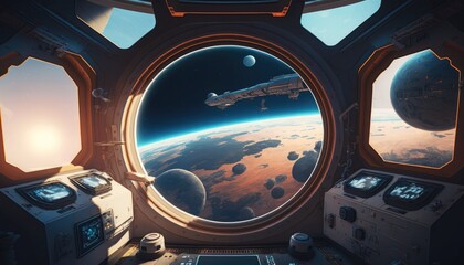 Heavenly Vista: A Futuristic Room with a View of a Dazzling Planet, AI generative