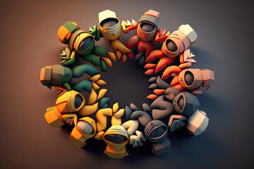 Fototapeta na wymiar Colorful characters illustrating concept of cooperation, unity, togetherness, partnership, agreement, teamwork, social community, generative ai illustration