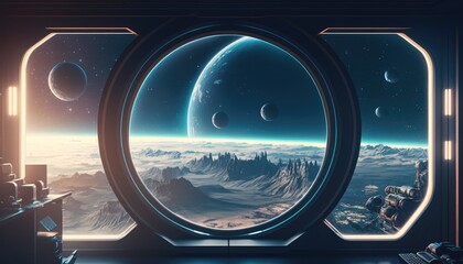 Futuristic Haven: A Room with a View of a Beautifully Haunting Planet, AI generative