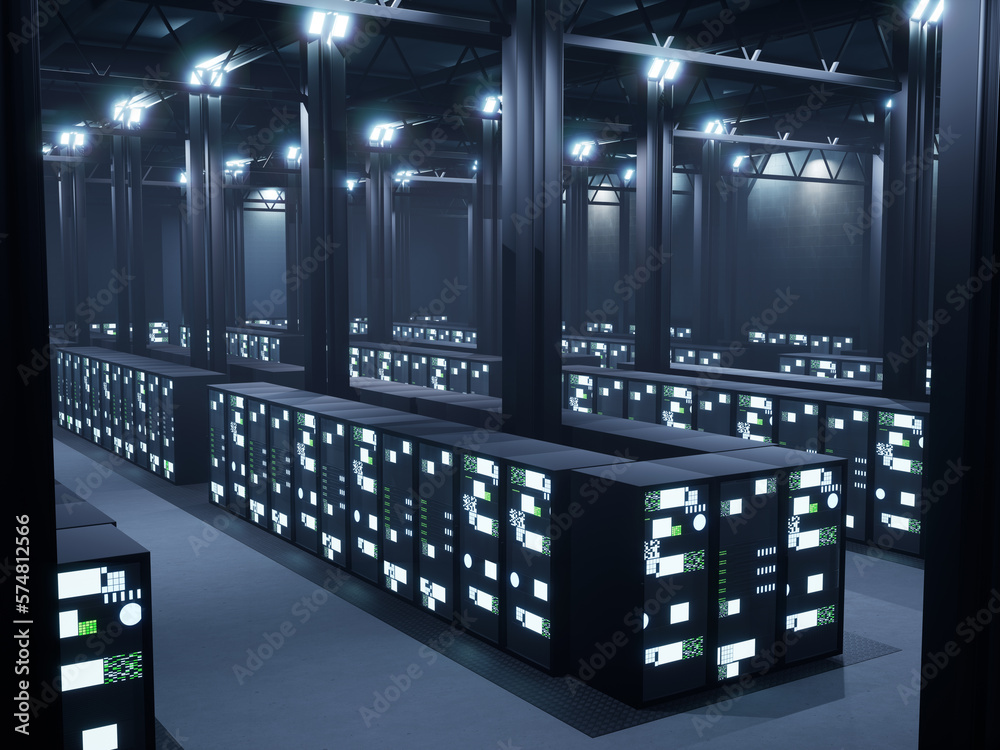 Poster empty corridor in data center with server equipment and racks, modern space used for cloud computing