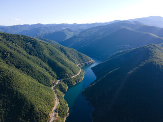 Aerial summer view of Vacha Reservoir, Bulgaria