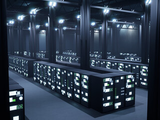 Empty corridor in data center with server equipment and racks, modern space used for cloud computing and hosting servers. Artificial intelligence server room cyberspace for system connection.