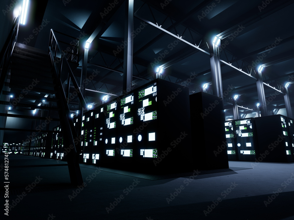 Poster modern high tech database supercomputer clean room, big data system connection in render farm space.