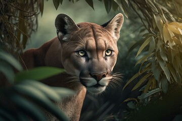 Majestic Puma in the jungle close up shot, gerative AI