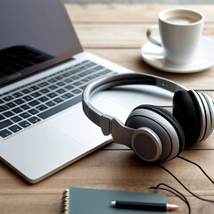 Obraz na płótnie Canvas Laptop, headphone, notebook, pen and coffee on wooden business desk.