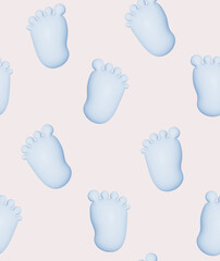 Cute Baby Shower Print. Seamless Pattern with Fluffy Pastel Blue Feet. Little Baby Footprint isolated on a Light Beige Background. Baby Boy Party Print ideal for Fabric, Wrapping Paper.