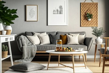 A stylish carpet, gray sofa with a design, wooden coffee table, beige side table, pillows, and personal items compose a creative living room décor. Elegant decor. Template. Generative AI