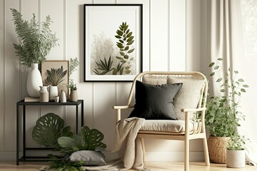 Interior decoration of a contemporary home's living room featuring a chic rattan armchair, a pillow, a plaid pattern, plants, a mock-up poster frame, and fine accents. trendy korean. minimalist design