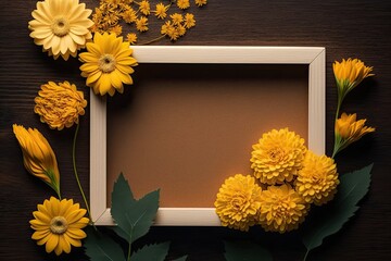 Yellow floral photo frame on brown wood. Autumn idea. Interior design mockup, text space. Beautiful nature, old colors, simple style. Generative AI