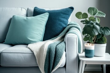 Blue sofa cushion and blanket decoration, green and white concept, lamp plant coffee table style, carpet, chair, and house design, interior concept. Generative AI