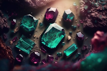 Emerald gemstone and purple sapphire top view over dark background. Generative AI illustration