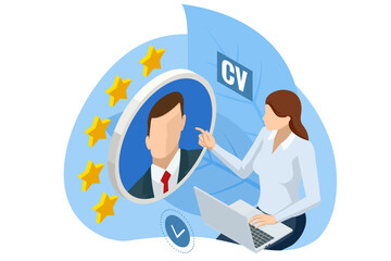 Isometric CV, hiring and recruitment concept for web page, banner, presentation. Job interview, recruitment agency. Reviewing the candidates online.