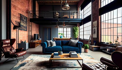 Living room loft in industrial style. Generative AI.