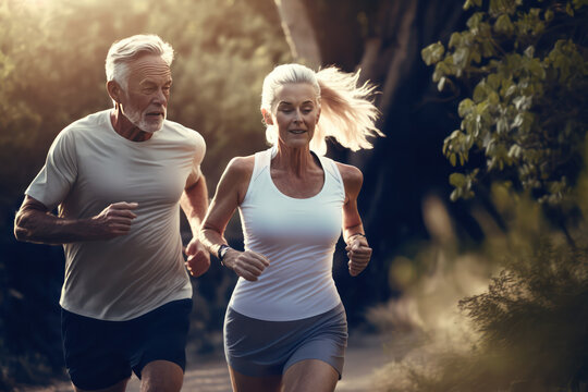 Elderly couple jogging in a park (AI Generated)