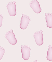 Cute Baby Shower Print. Seamless Pattern with Fluffy Pastel Pink Feet. Little Baby Footprint isolated on a Light Beige Background. Baby Girl Party Print ideal for Fabric, Wrapping Paper.