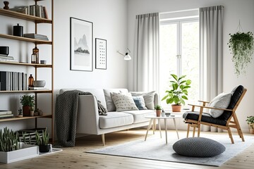 Modern Scandinavian living room furniture includes a sofa with a trendy blanket, a coffee table, and a white wall bookcase. brown flooring. Modest interior design. Generative AI