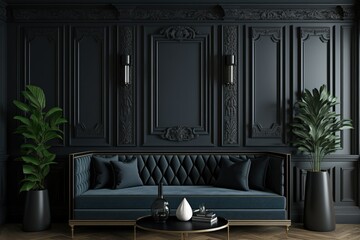 Black, magnificent, traditional wall panel in a living room. Generative AI
