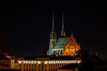 Cathedral of Saints Peter and Paul illuminated by lights at night. Brno, Czech Republic.