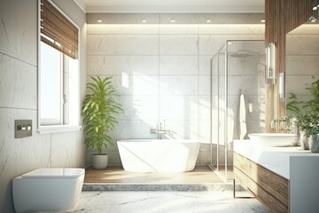 Fototapeta na wymiar Luxury bathroom with tiled oak walls and a corner white bathtub. simulated double-exposure. Generative AI